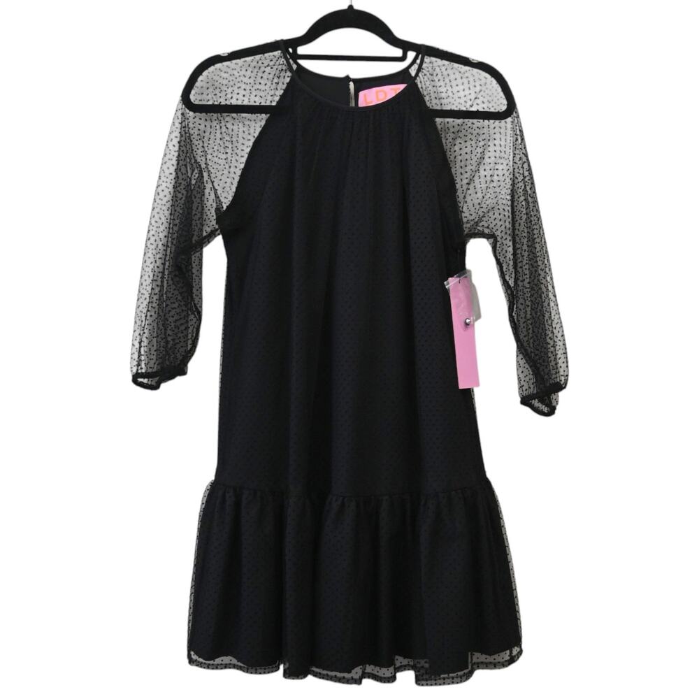 LDT Black Sheer Mesh & Velvet Polka Dot Mini Dress Size 2